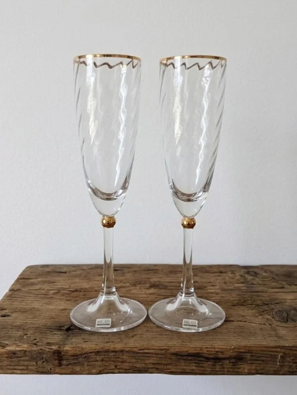 Miller Rogaska Reed & Barton Jubilee Gold Flute Champagne Wine Glasses Set of 2